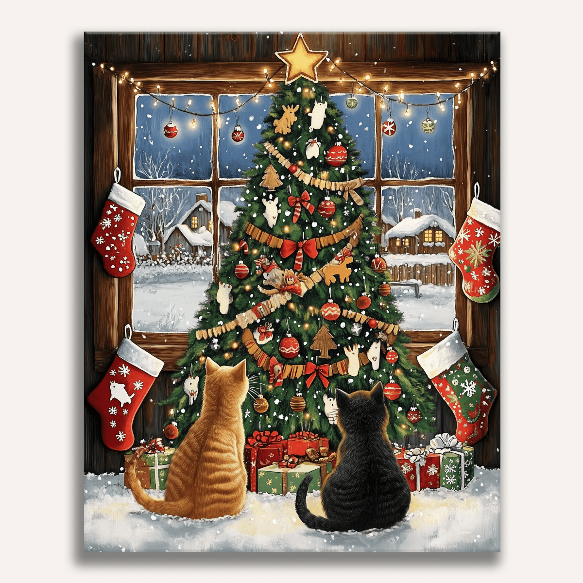 Cute cat playing with Christmas tree ornaments in a cozy room - Finished Kitty Christmas Paint by Numbers - ColorEasePaint