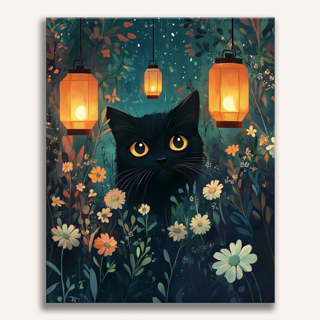 Cute kitten playing with glowing fairy lights in the dark - Finished Kitty Lights Paint by Numbers - ColorEasePaint