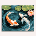 Vibrant orange and white Koi fish swimming in a circular motion - Finished Koi Harmony Paint by Numbers - ColorEasePaint