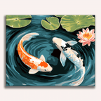 Vibrant orange and white Koi fish swimming in a circular motion - Finished Koi Harmony Paint by Numbers - ColorEasePaint