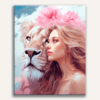 Surreal portrait of a woman and a lion with golden light - Finished Lion Lady Paint by Numbers - ColorEasePaint