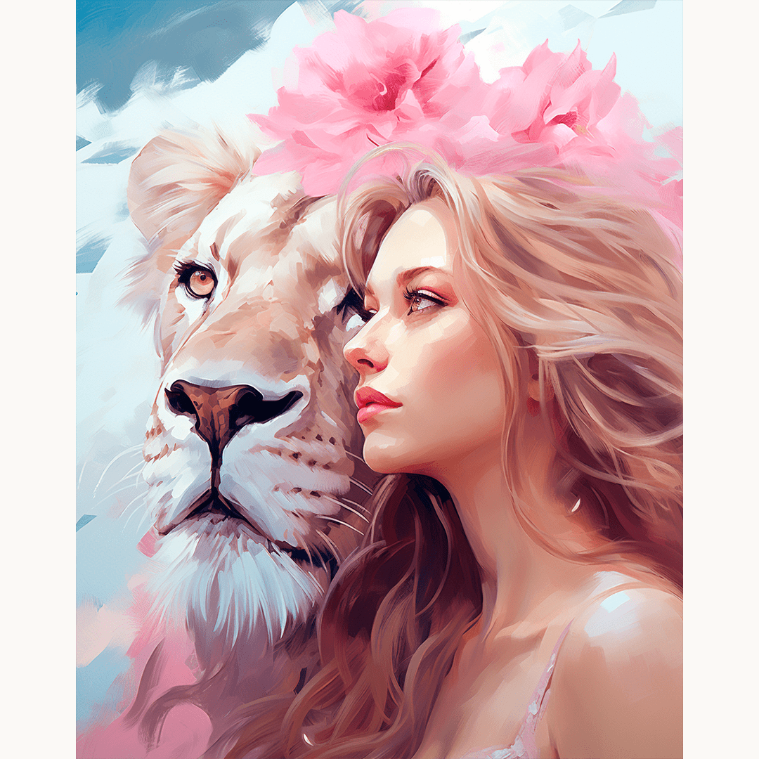 An artistic digital painting depicts a female figure with long hair, standing close to a majestic lion with pink flower crown.