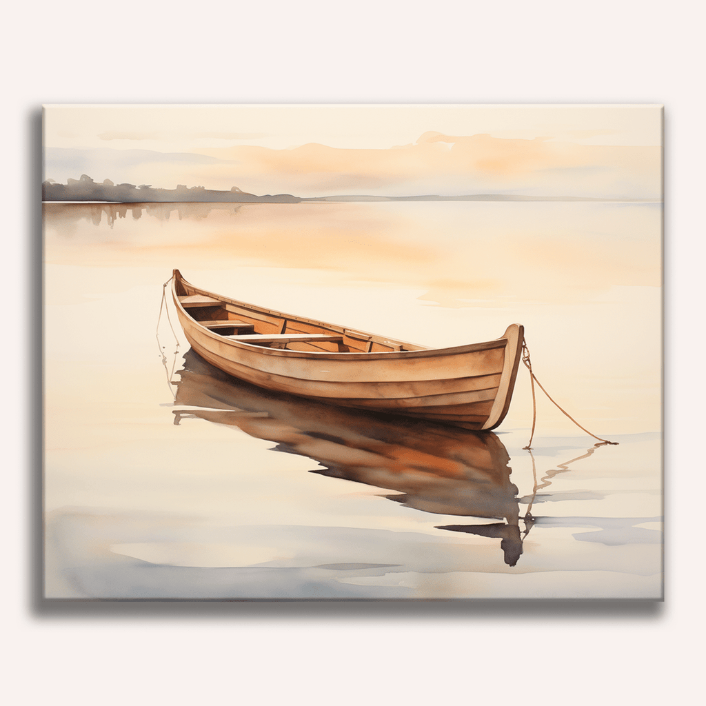 Minimalist scene of a single wooden boat on a misty, calm lake - Finished Lonely Boat Paint by Numbers - ColorEasePaint
