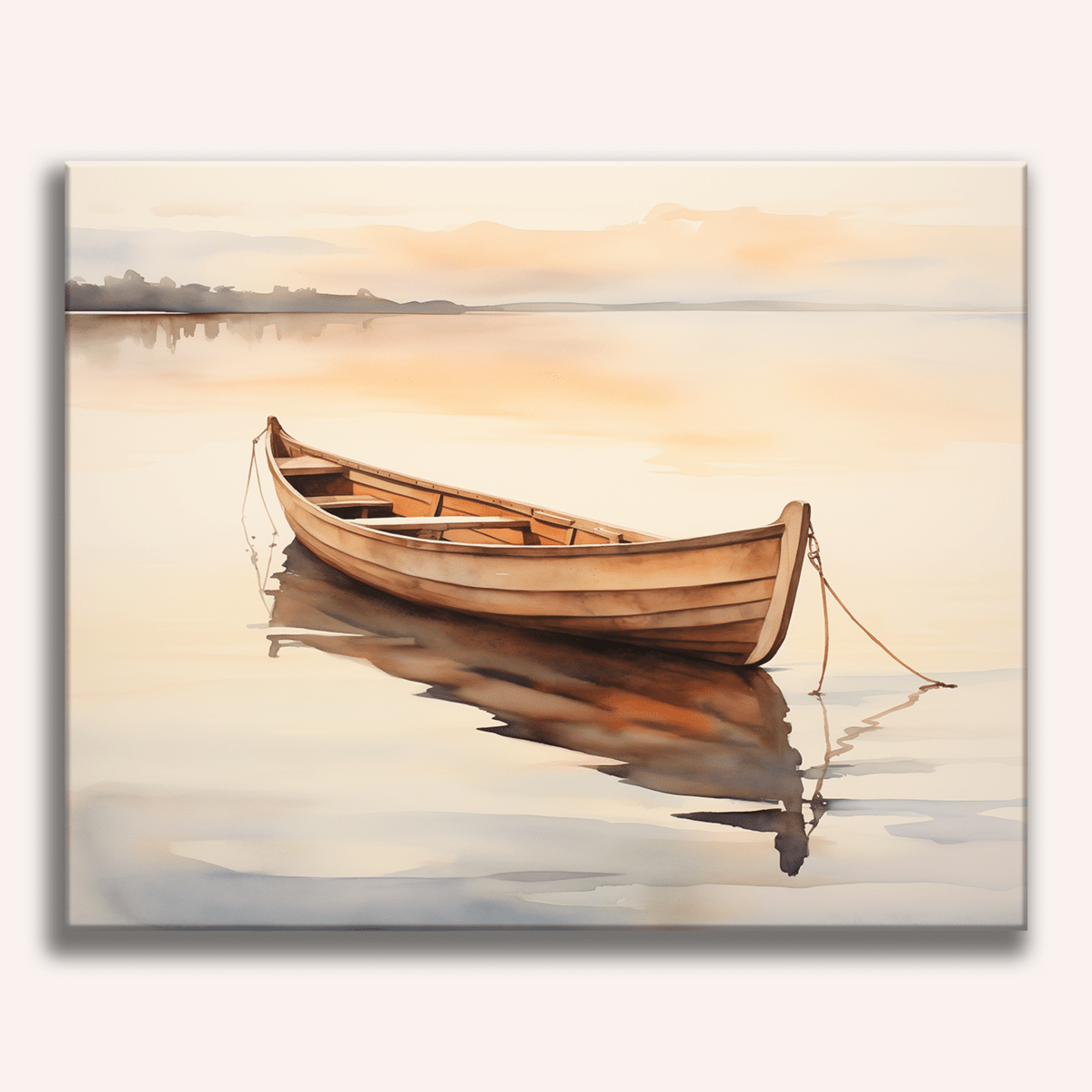 Minimalist scene of a single wooden boat on a misty, calm lake - Finished Lonely Boat Paint by Numbers - ColorEasePaint