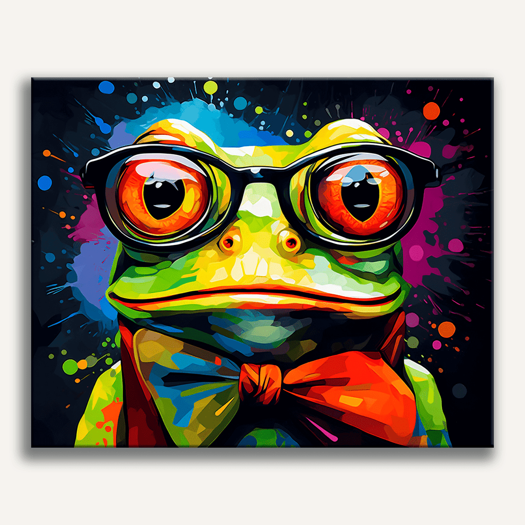 Vibrant green frog with a whimsical expression perched on a leaf - Finished Mr. Frog Paint by Numbers - ColorEasePaint