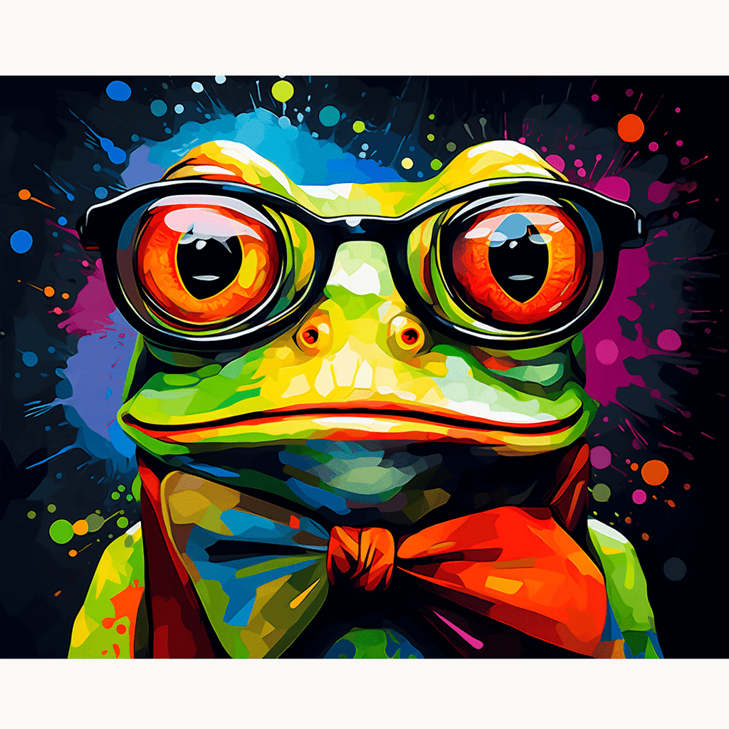 A colorful poster prominently features a cartoon frog wearing glasses and a bowtie, sporting a large orange eye and sitting amidst a burst of vibrant multicolored dots, giving an impression of fun or celebration..