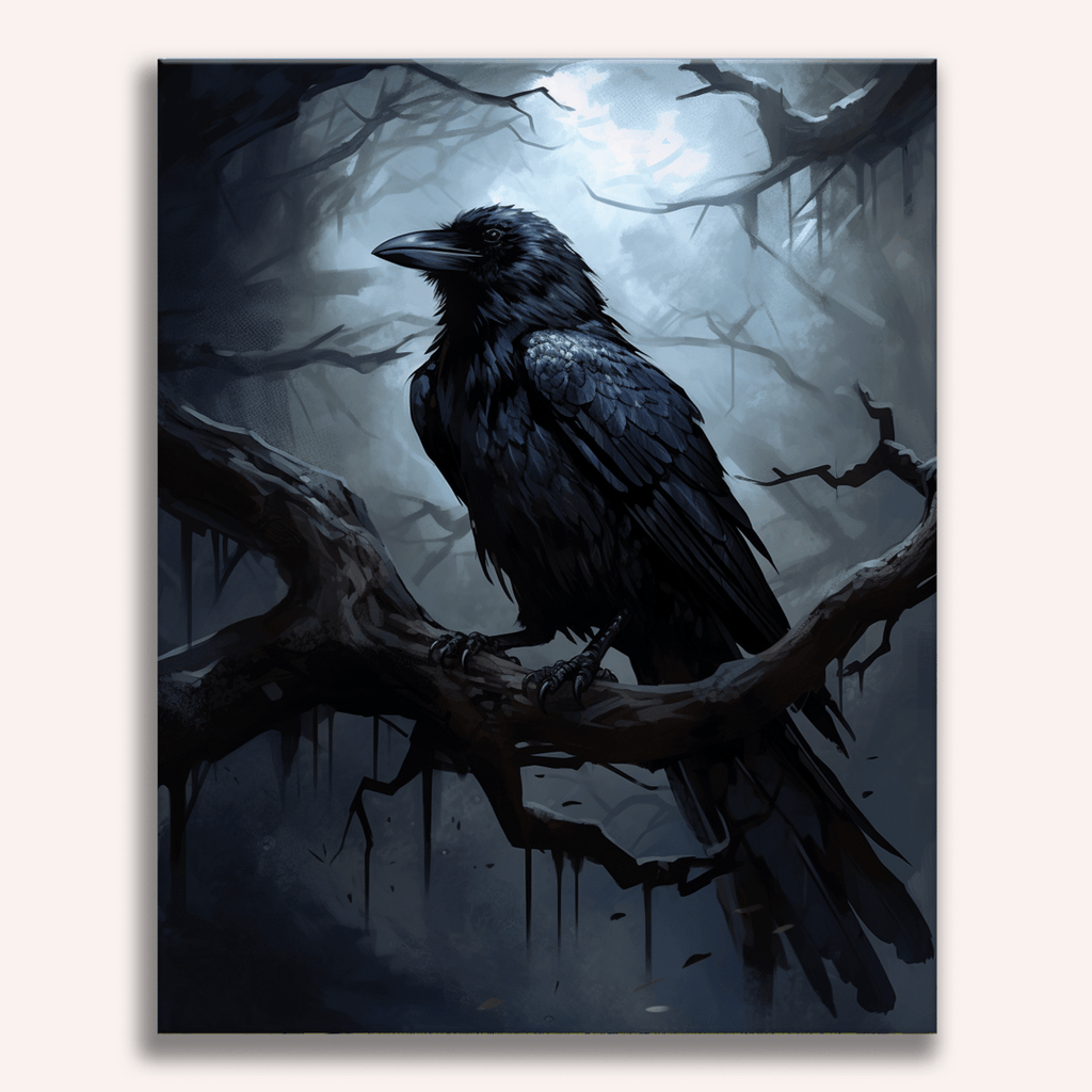 Detailed black raven portrait with iridescent feather highlights - Finished Mysterious Raven Paint by Numbers - ColorEasePaint
