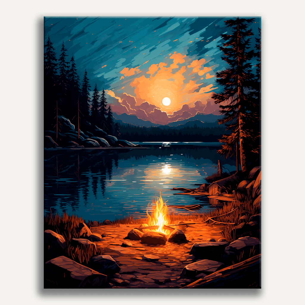 Cozy cabin with warm lights reflecting on a calm lake at night - Finished Night by the Lakeside Paint by Numbers - ColorEasePaint