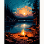 A scenic nighttime landscape showcases a serene lake surrounded by forested mountains under a starry sky.