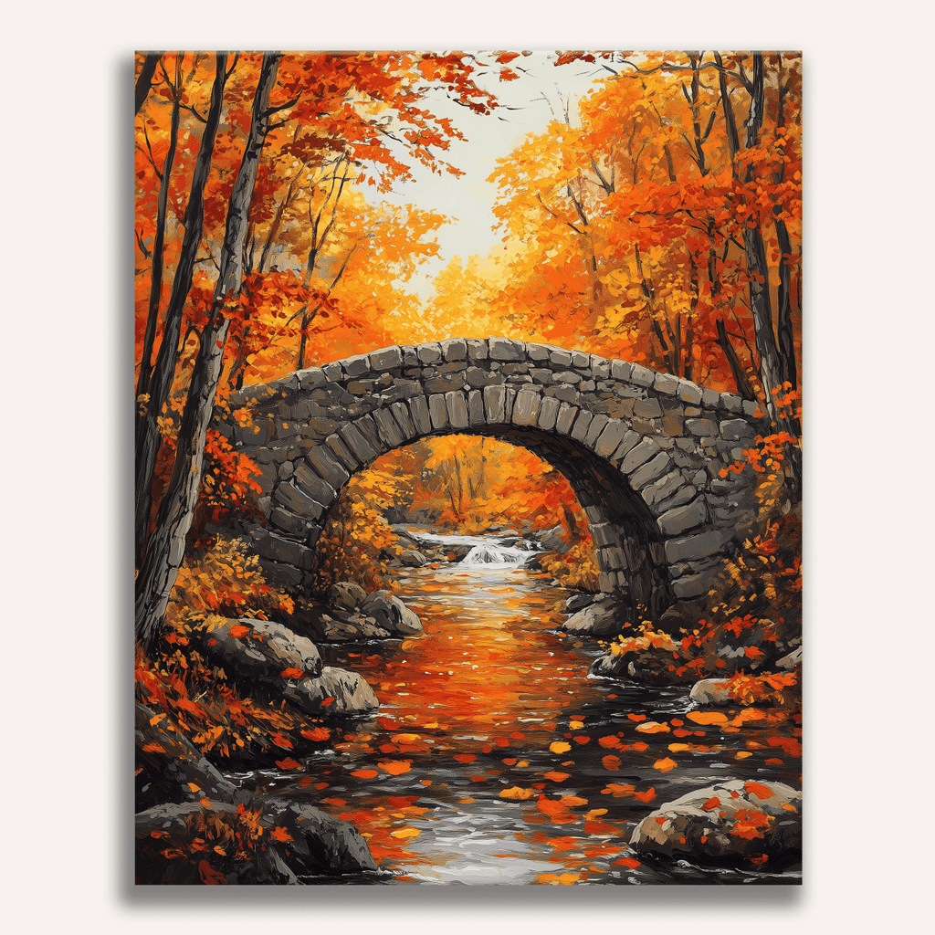 Classic old stone bridge over a quiet river with lush green trees - Finished Old Stone Bridge Paint by Numbers - ColorEasePaint