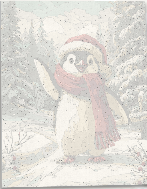 Clear numbered line art on linen canvas for Penguins Greetings DIY painting project - ColorEasePaint