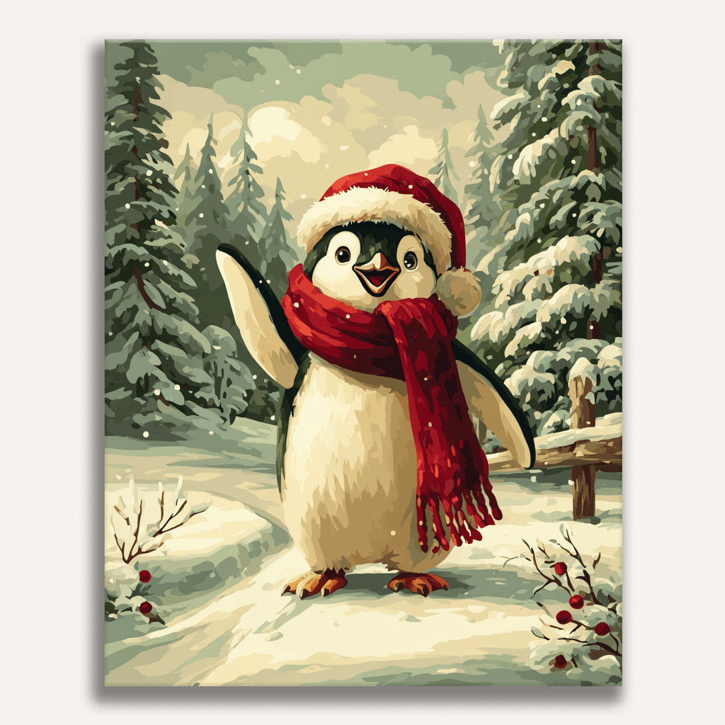 Cute penguin family wearing winter scarves and hats in the snow - Finished Penguins Greetings Paint by Numbers - ColorEasePaint