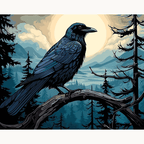 The image features a stylized illustration of a raven perched on a branch of a tree.