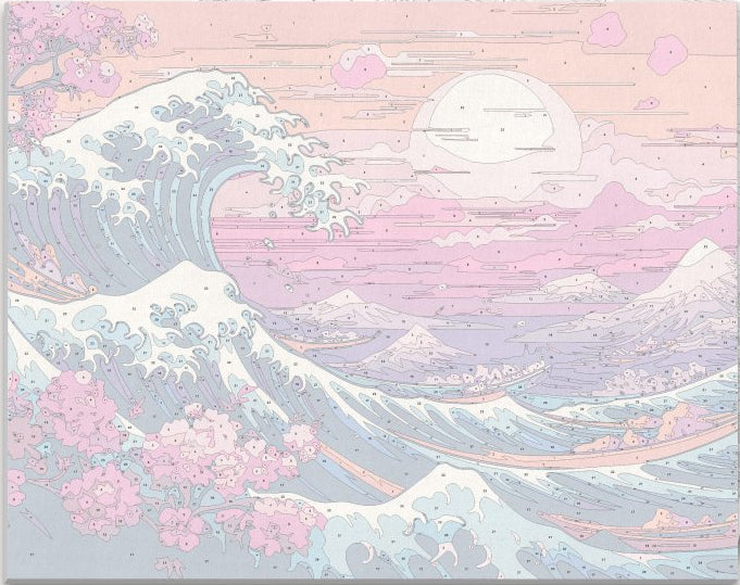 A vibrant and colorful artwork depicts a serene landscape at sunset.
