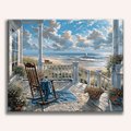 Mediterranean balcony overlooking a turquoise sea with sailboats - Finished Seaside Overlook Paint by Numbers - ColorEasePaint