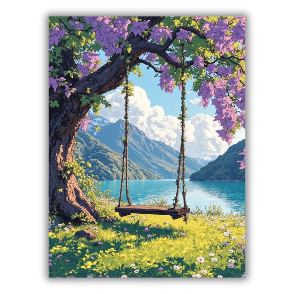 Romantic swing on a tropical beach overlooking the turquoise ocean - Finished Swing by the Sea Paint by Numbers - ColorEasePaint