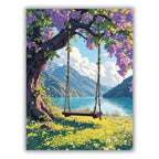 Romantic swing on a tropical beach overlooking the turquoise ocean - Finished Swing by the Sea Paint by Numbers - ColorEasePaint