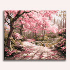 Beautiful stone path lined with blooming pink cherry blossom trees - Finished Serene Sakura Stone Path Paint by Numbers - ColorEasePaint