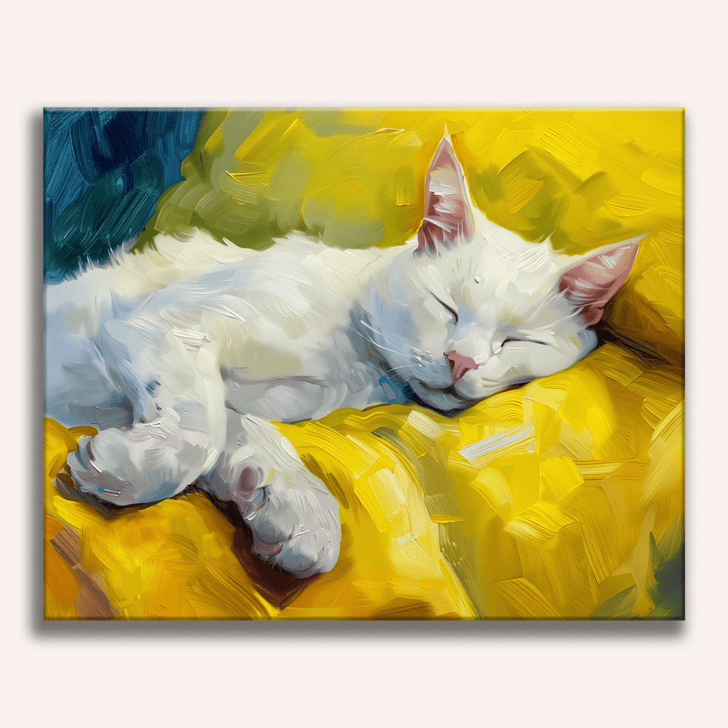 A peaceful grey cat sleeping soundly in a cozy position - Finished Sleepy Feline Paint by Numbers - ColorEasePaint