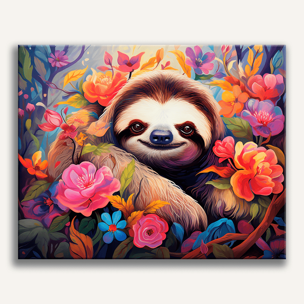 Cute sloth hanging among bright tropical pink flowers and green leaves - Finished Sloth’s Garden Paint by Numbers - ColorEasePaint