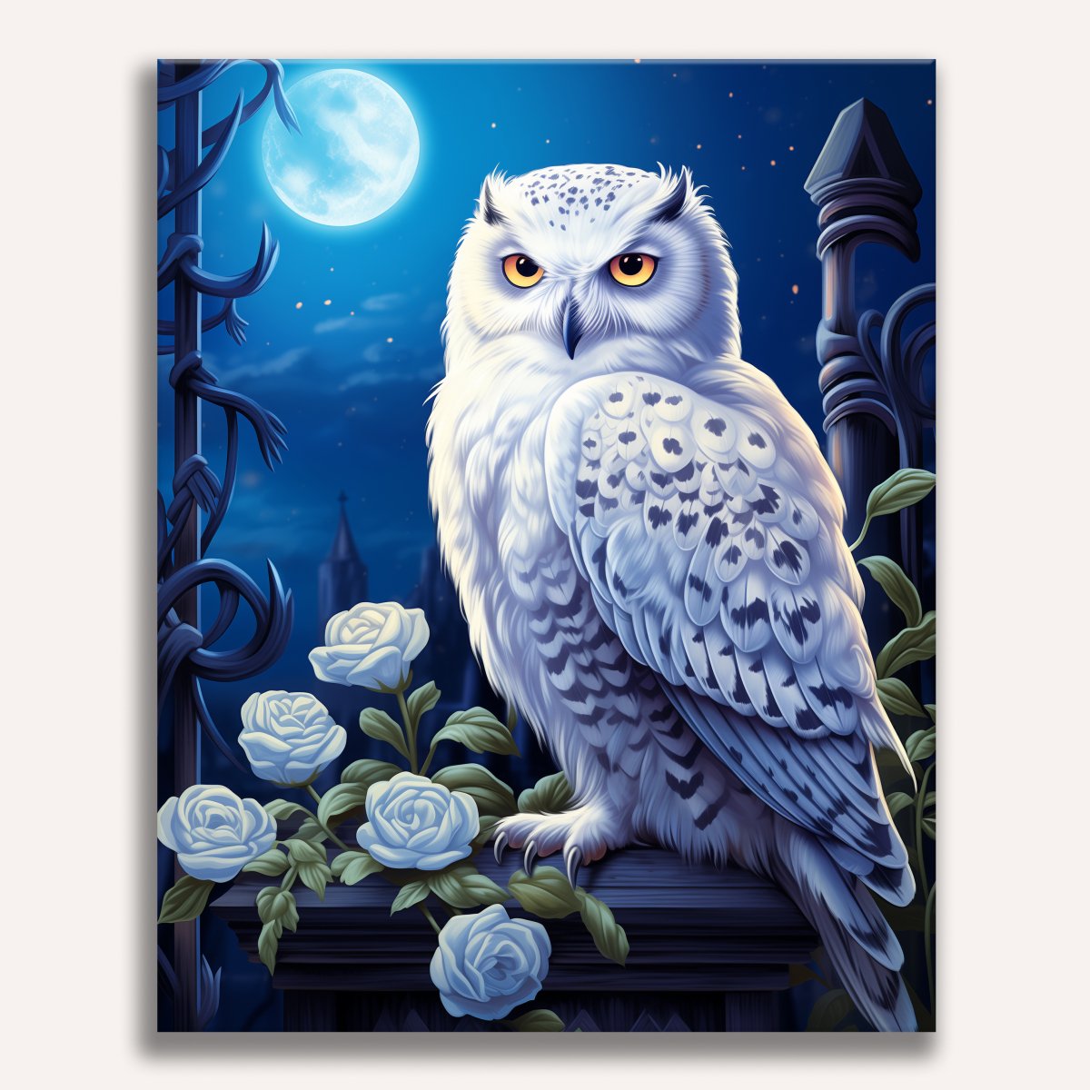 Majestic white snowy owl with bright yellow eyes - Finished Snowy Owl Paint by Numbers - ColorEasePaint