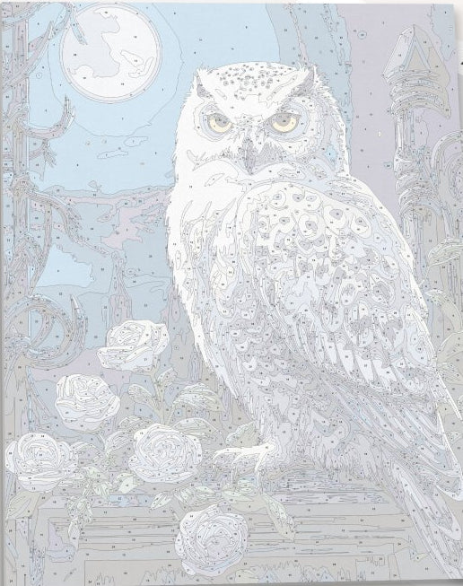 In the image, a majestic white owl with spotted feathers and glowing eyes is perched on a ledge.