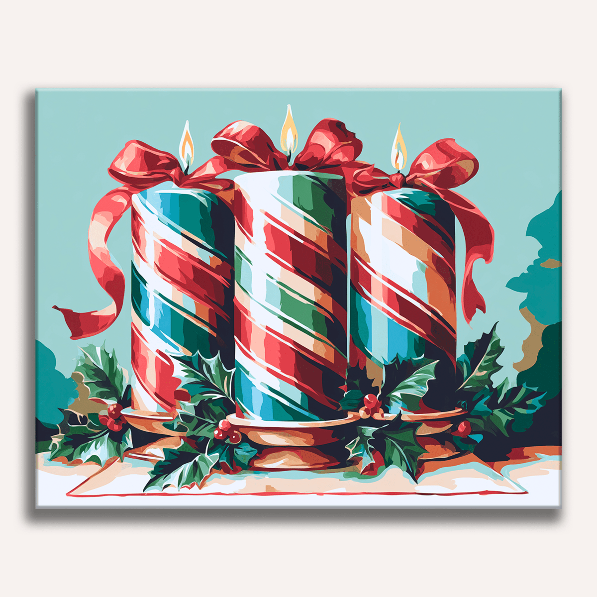 Glowing red and white striped holiday candles with festive greenery - Finished Striped Candles Paint by Numbers - ColorEasePaint