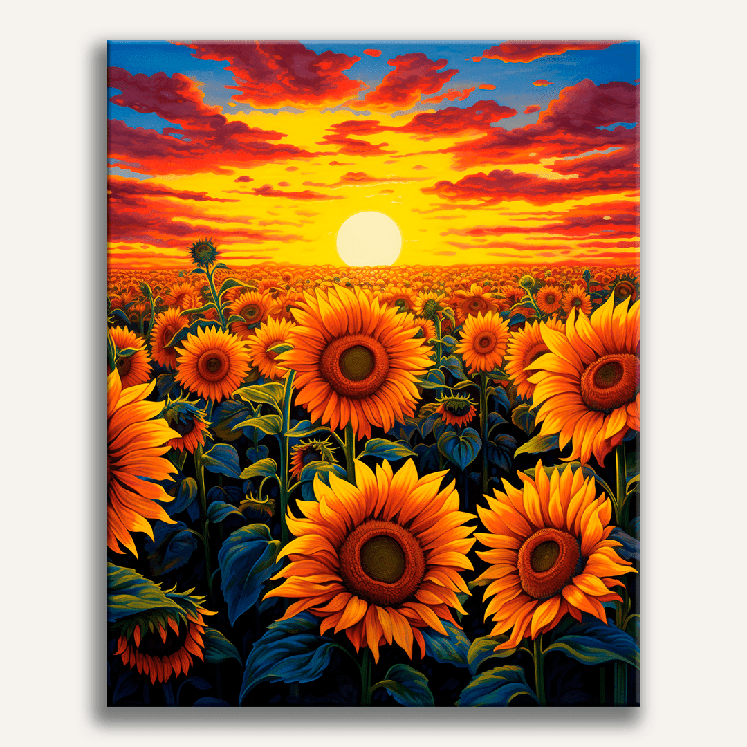 Vibrant sunflowers in a field during a golden sunset - Finished Sunflower Dusk Paint by Numbers - ColorEasePaint