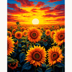 The image showcases a vibrant sunset scene, where the sun dips low on the horizon, casting a warm glow over a field of ripe sunflowers.