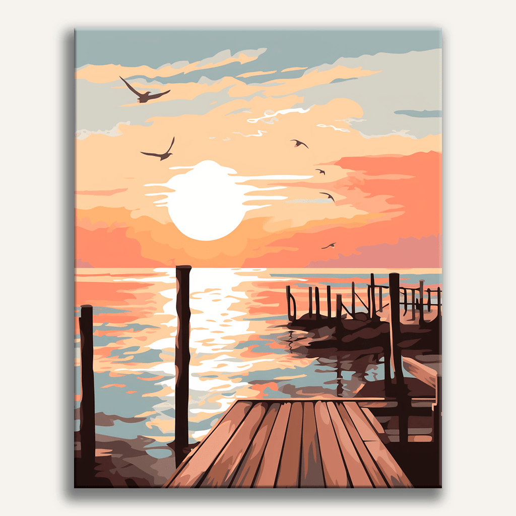 Peaceful wooden dock extending into a lake at a colorful sunset - Finished Sunset Dock Paint by Numbers - ColorEasePaint
