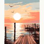 A tranquil sunset scene depicts a wooden dock extending into calm waters.
