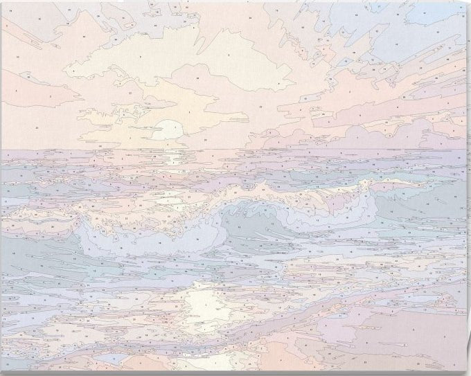Detailed numbered canvas outline for Sunset Surf ocean wave DIY painting project - ColorEasePaint