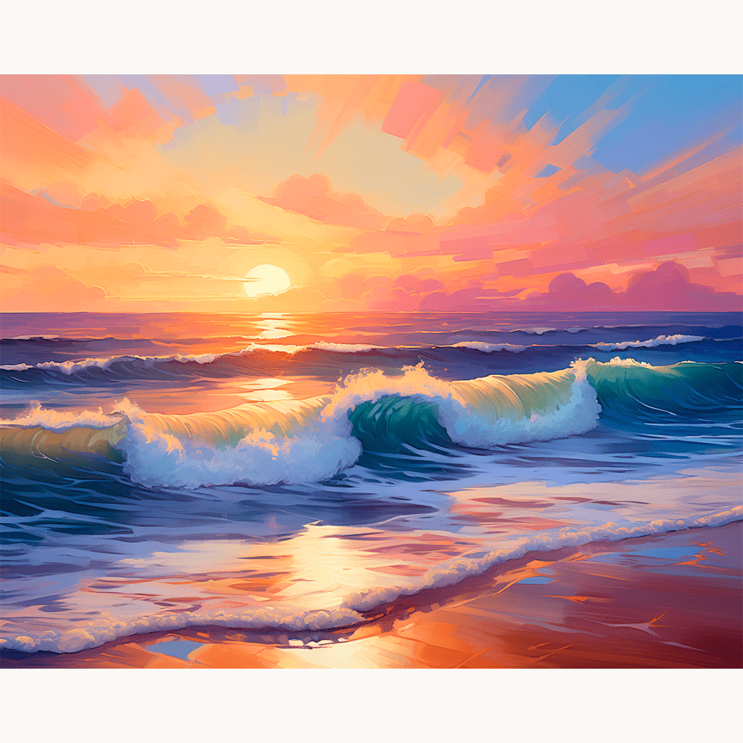 This image captures a serene beach scene at sunset.