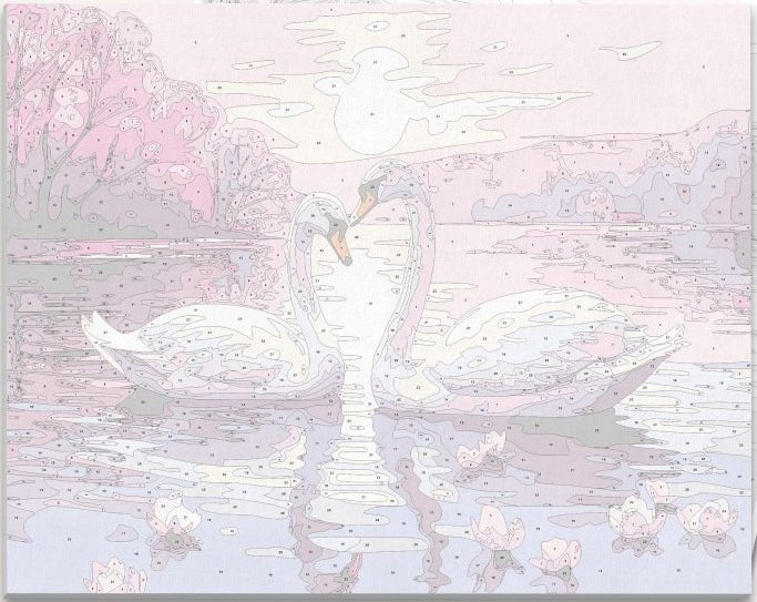 Clear numbered linen canvas outline for Swan Lake DIY landscape painting project - ColorEasePaint