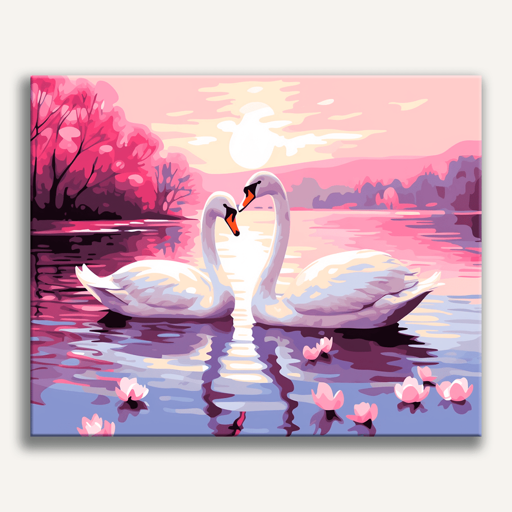 Pair of elegant white swans on a serene blue lake - Finished Swan Lake Paint by Numbers - ColorEasePaint