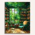 Cozy indoor library scene with books and lush green plants - Finished Verdant Book Nook Paint by Numbers - ColorEasePaint