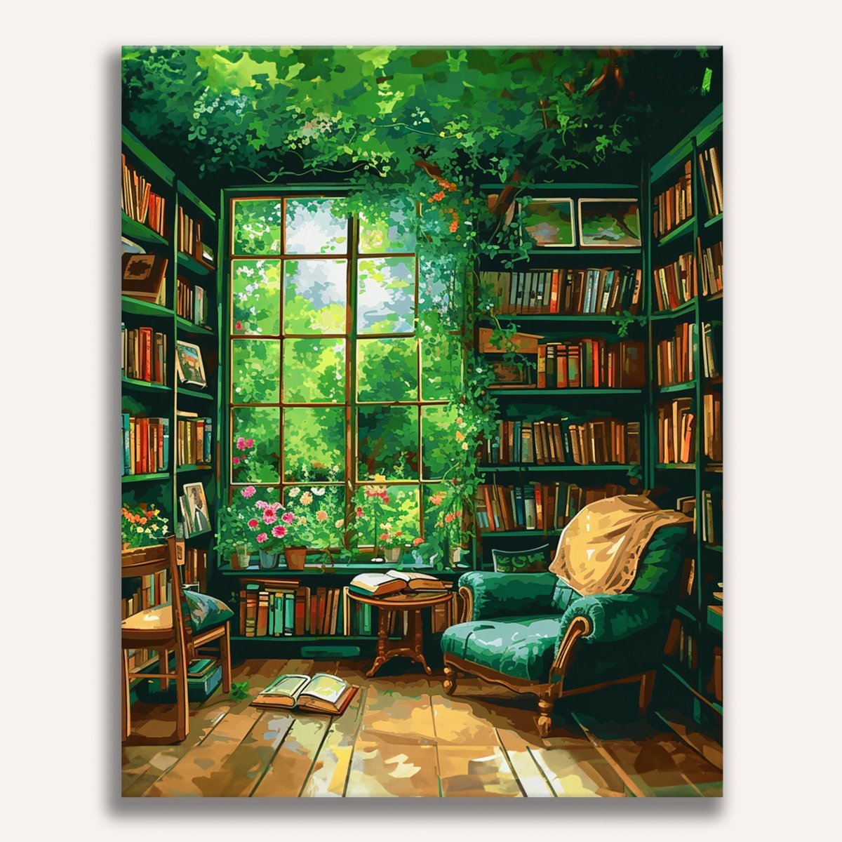 Cozy indoor library scene with books and lush green plants - Finished Verdant Book Nook Paint by Numbers - ColorEasePaint