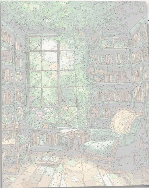 Intricate numbered canvas outline for Verdant Book Nook interior and plant DIY painting - ColorEasePaint