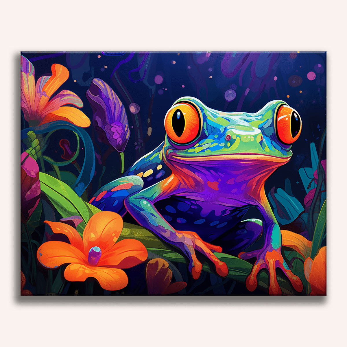 Bright green and orange tropical tree frog on a leaf - Finished Vibrant Frog Paint by Numbers - ColorEasePaint