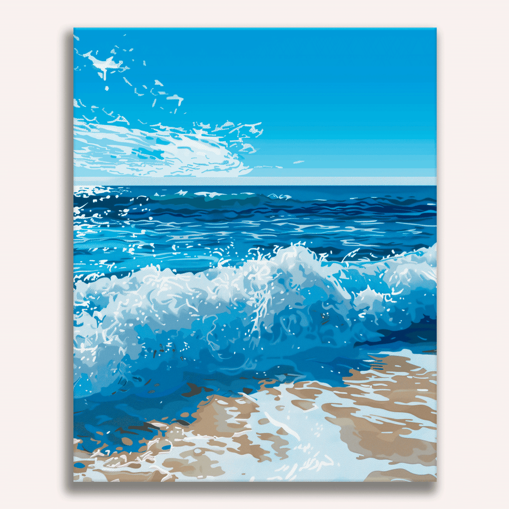 Golden sunset reflecting on crashing turquoise ocean waves - Finished Warm Beach Waves Paint by Numbers - ColorEasePaint