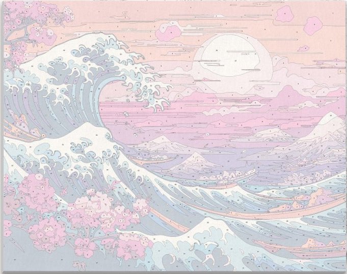 Detailed numbered canvas outline for the Great Wave of Kanagawa woodblock style DIY painting - ColorEasePaint