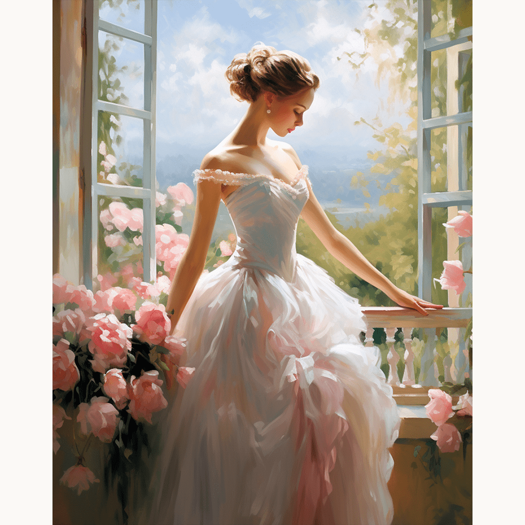 This image features a portrait-style painting of a young woman standing at an open window, dressed in a pink and white bridal gown.