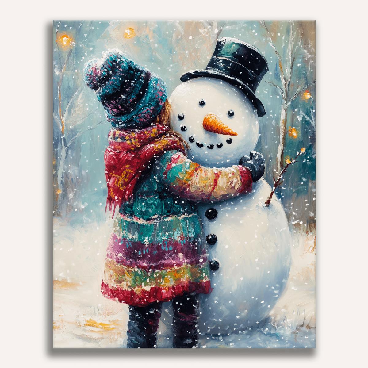 Nostalgic winter scene of a girl with a small bird in the snow - Finished Winter Friend Paint by Numbers - ColorEasePaint