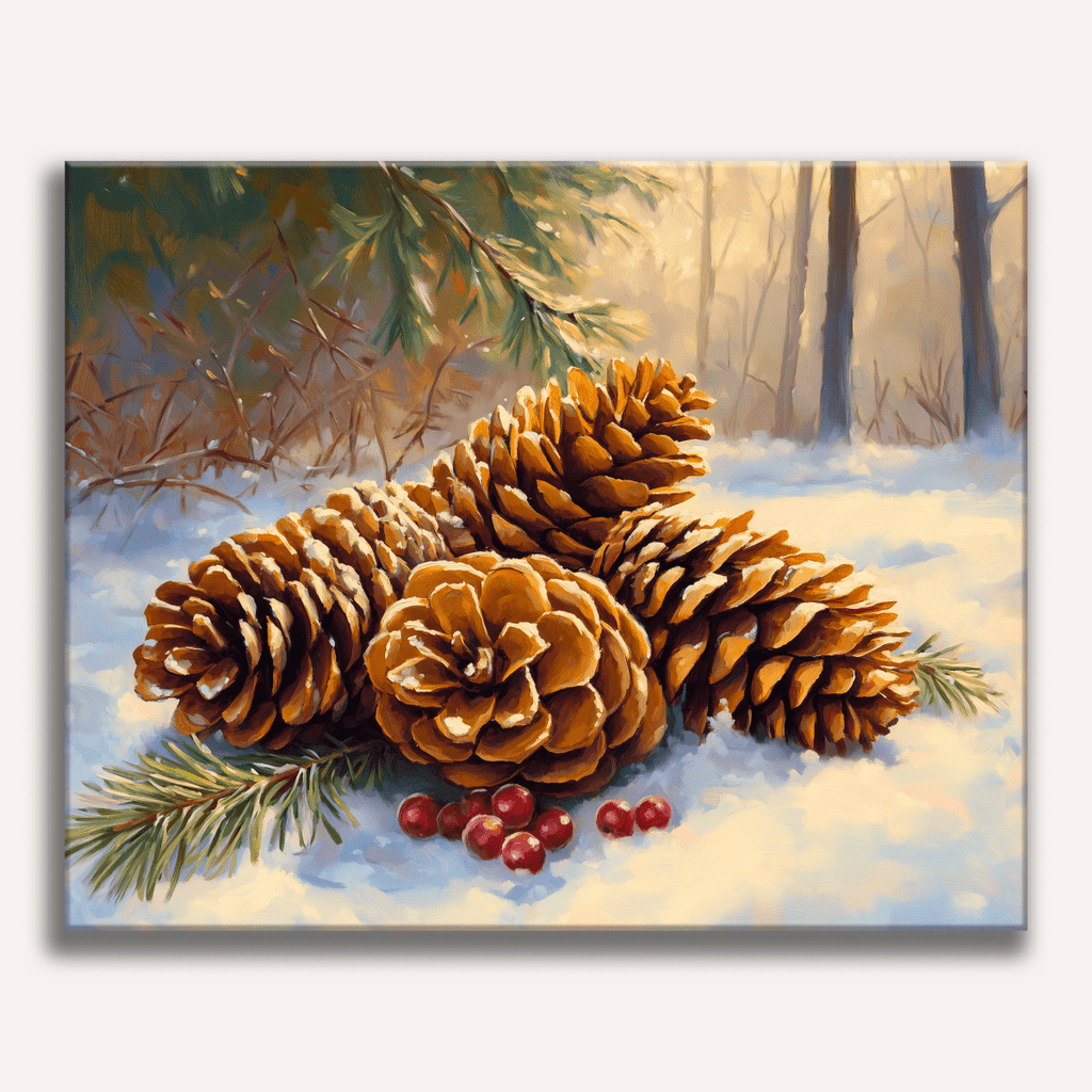 Rustic winter pinecones on snow-covered evergreen branches - Finished Winter Pinecones Paint by Numbers - ColorEasePaint